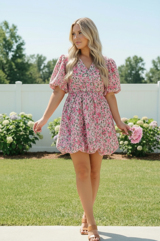 Plus Pink Floral Woven Bubble Design Cotton Dress
