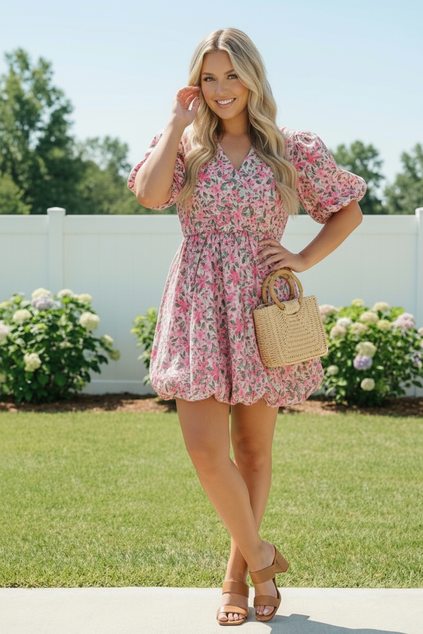 Plus Pink Floral Woven Bubble Design Cotton Dress