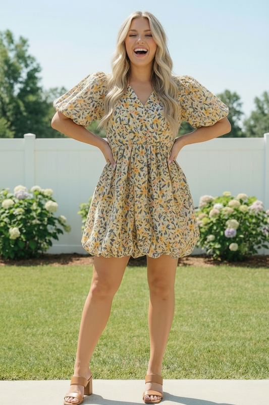 Plus Yellow Floral Woven Bubble Design Cotton Dress