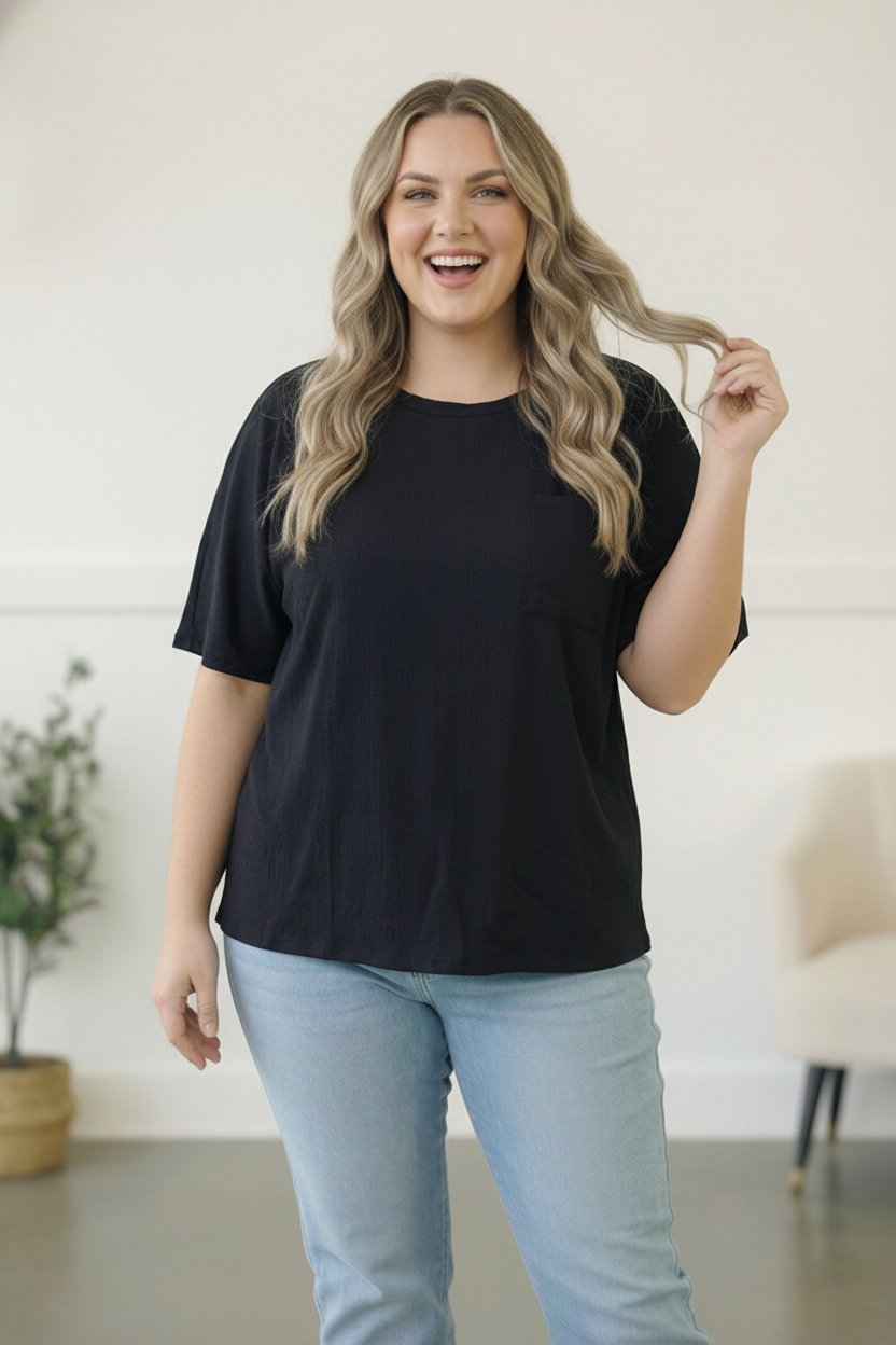 Plus Black Solid Dolman Pocket Top