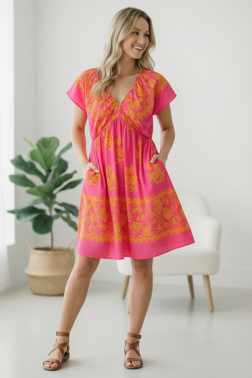 FIT AND FLARE MIDI DRESS W/ FLUTTER SLEEVES