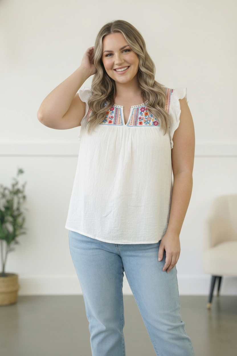 Plus Ivory Embroidered Blouse