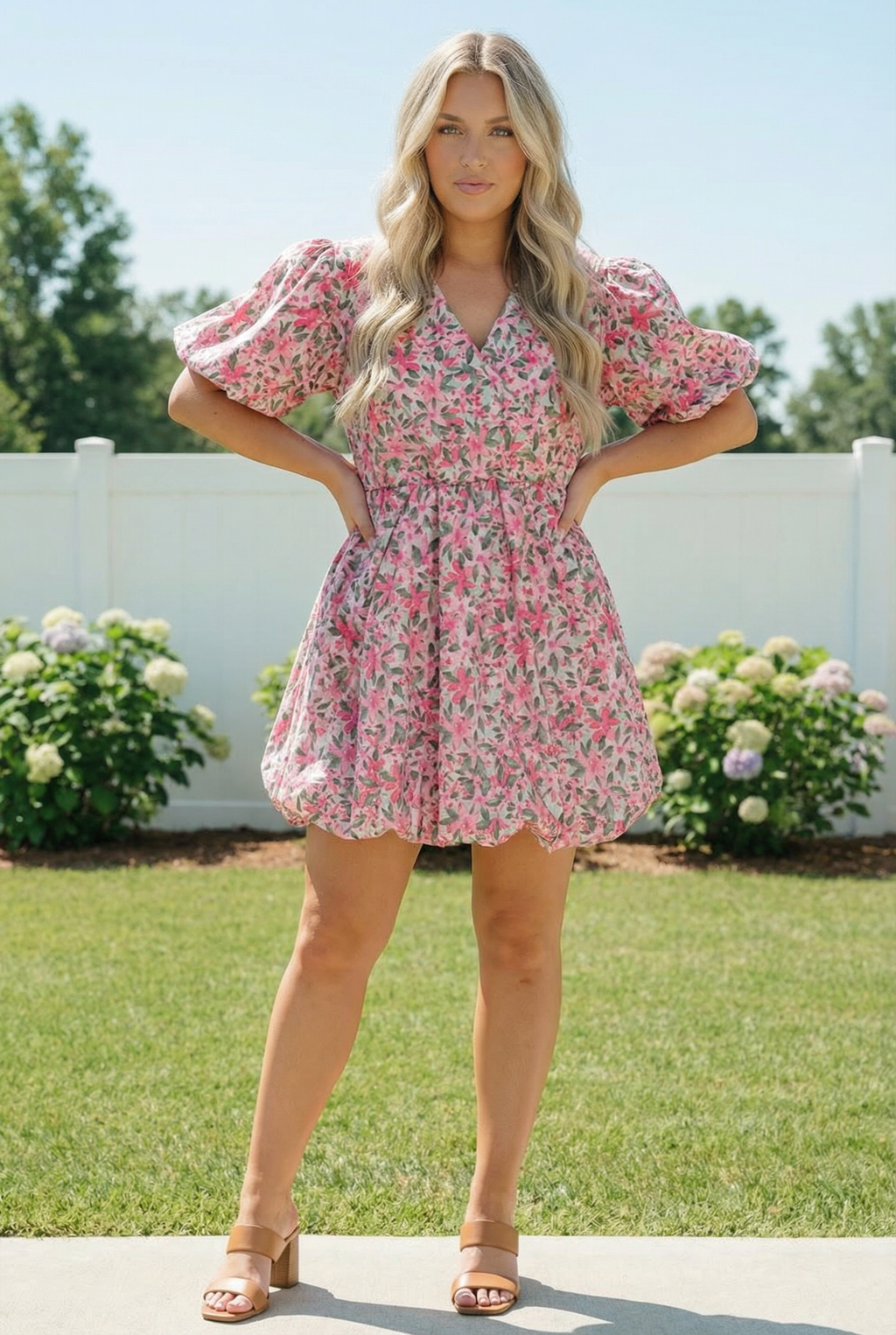 Plus Pink Floral Woven Bubble Design Cotton Dress