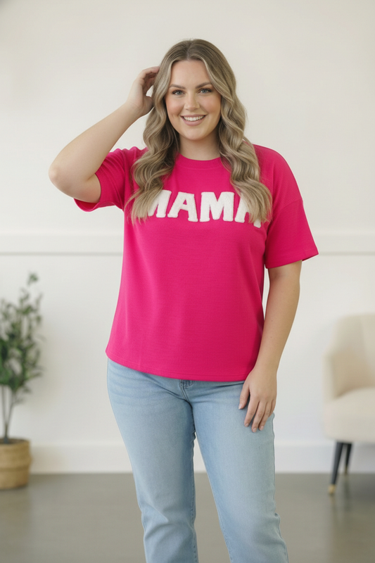 PLUS FUCHSIA MAMA PUFFY POP UP LETTER OVERSIZED RIB KNIT TOP