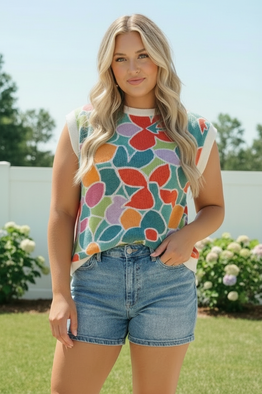 Plus Floral Multi Wavy Rib Top