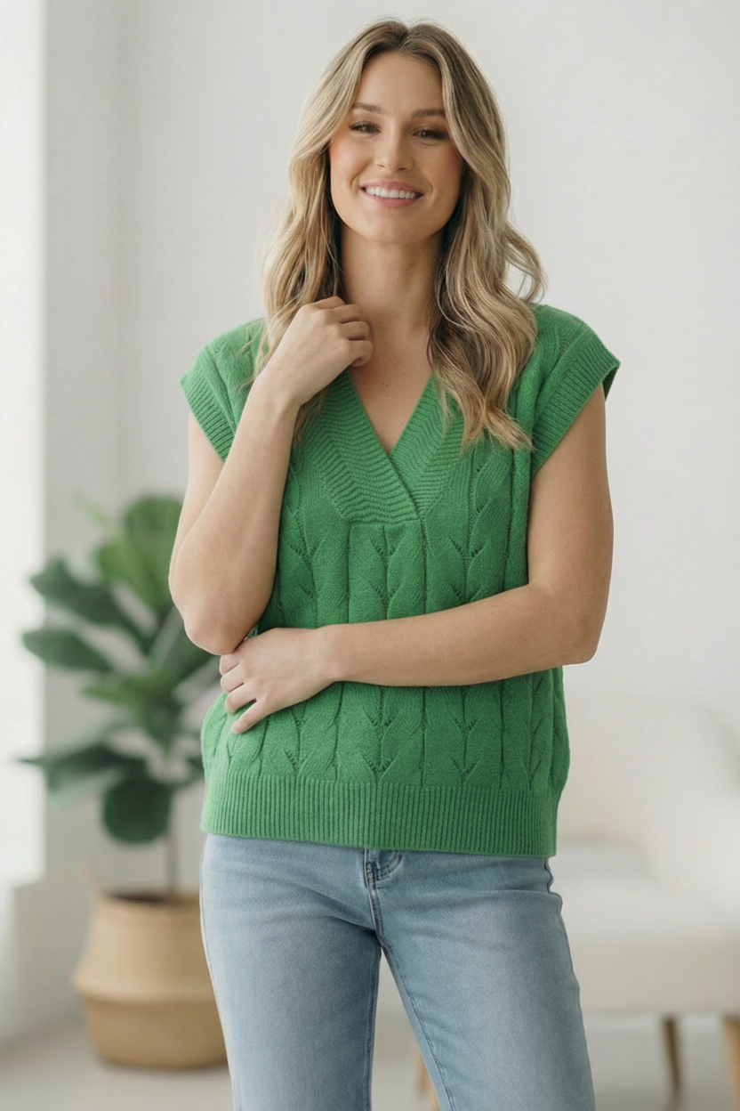 GREEN DOLMAN SHORT SLEEVE CABLE SWEATER TOP