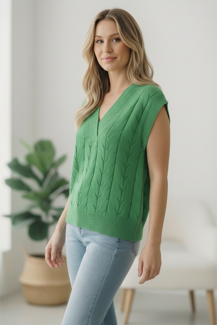 PLUS GREEN DOLMAN SHORT SLEEVE CABLE SWEATER TOP