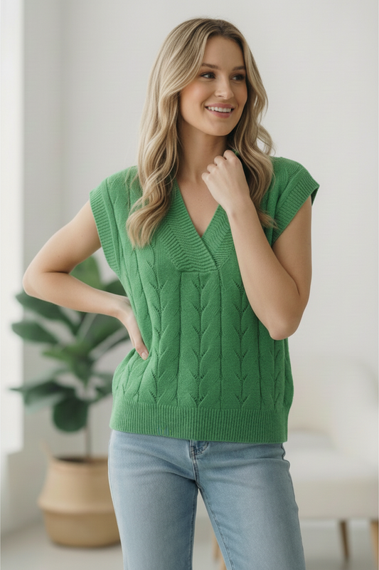 GREEN DOLMAN SHORT SLEEVE CABLE SWEATER TOP