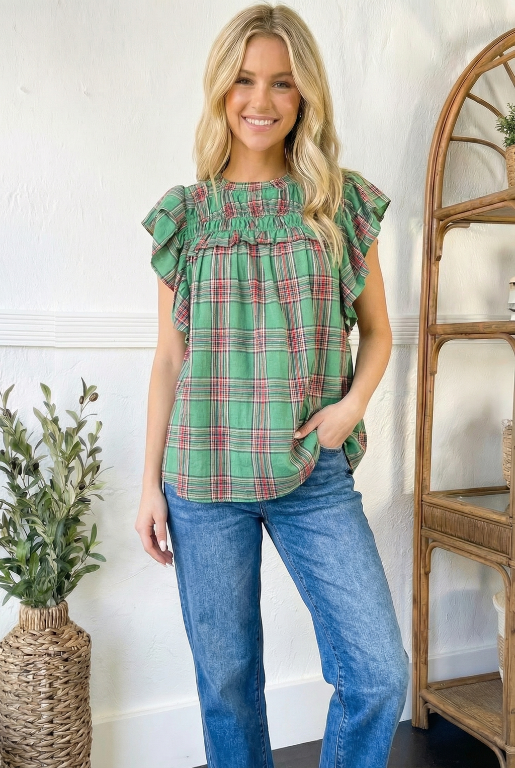PLUS GREEN FLUTTER RUFFLE SHORT SLEEVE PLAID CHECK WOVEN