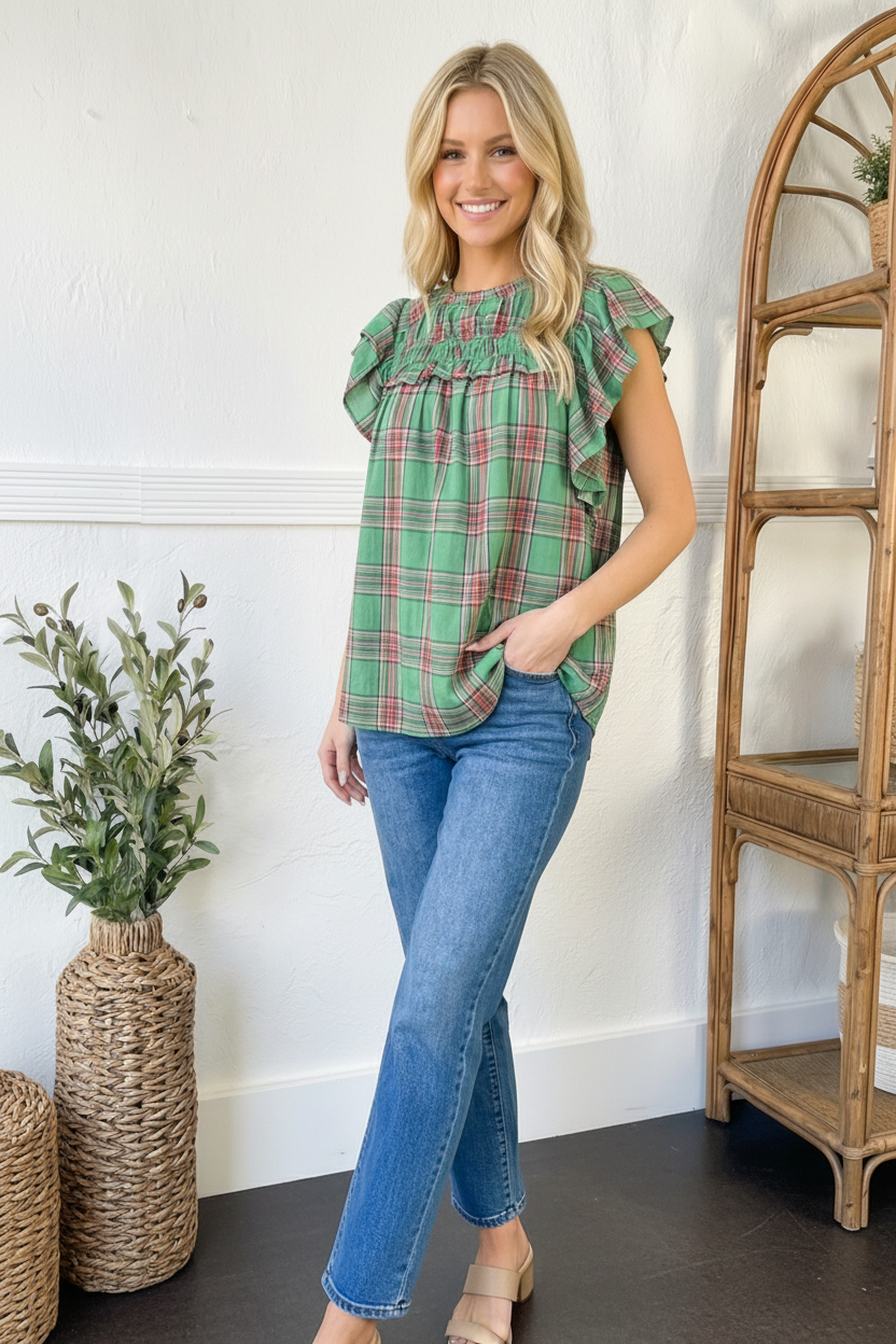 PLUS GREEN FLUTTER RUFFLE SHORT SLEEVE PLAID CHECK WOVEN