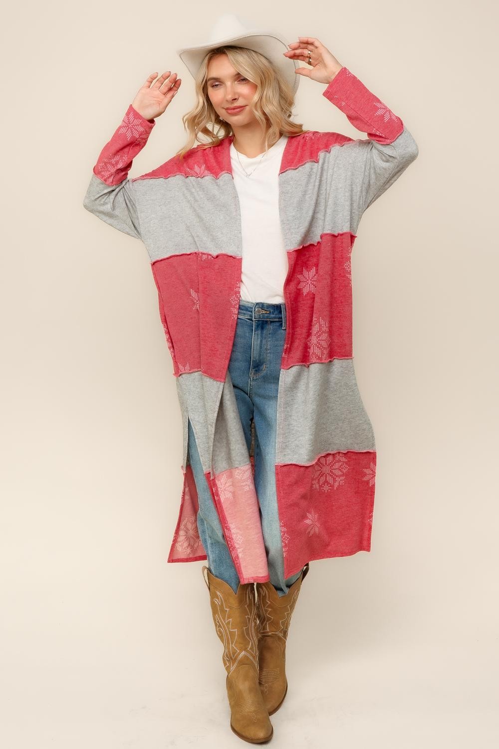 PLUS COLOR BLOCK SNOW FLAKE PRINT DUSTER CARDIGAN