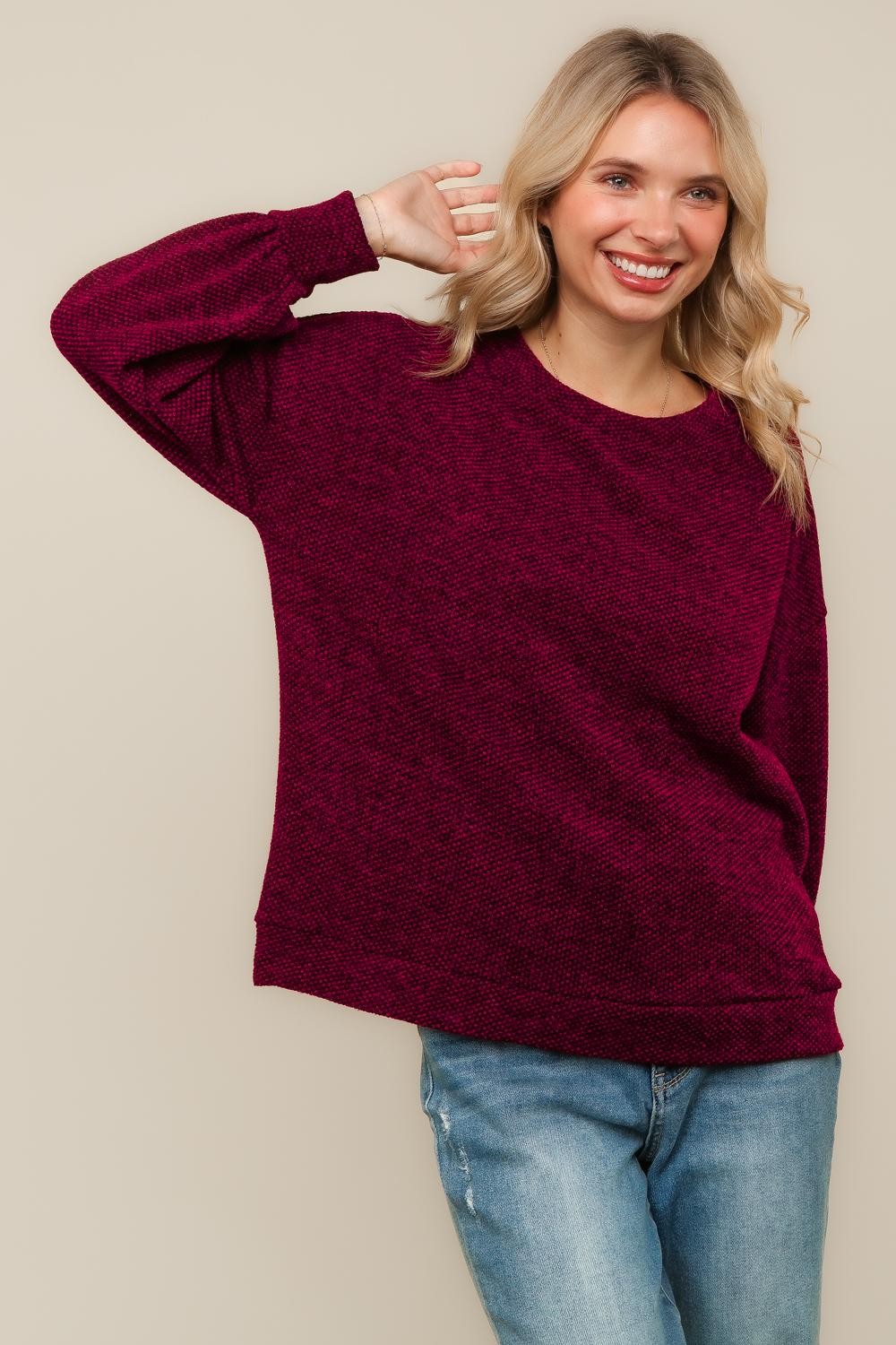 BUBBLE LONG SLEEVE TWO TONE SWEATER KNIT TOP