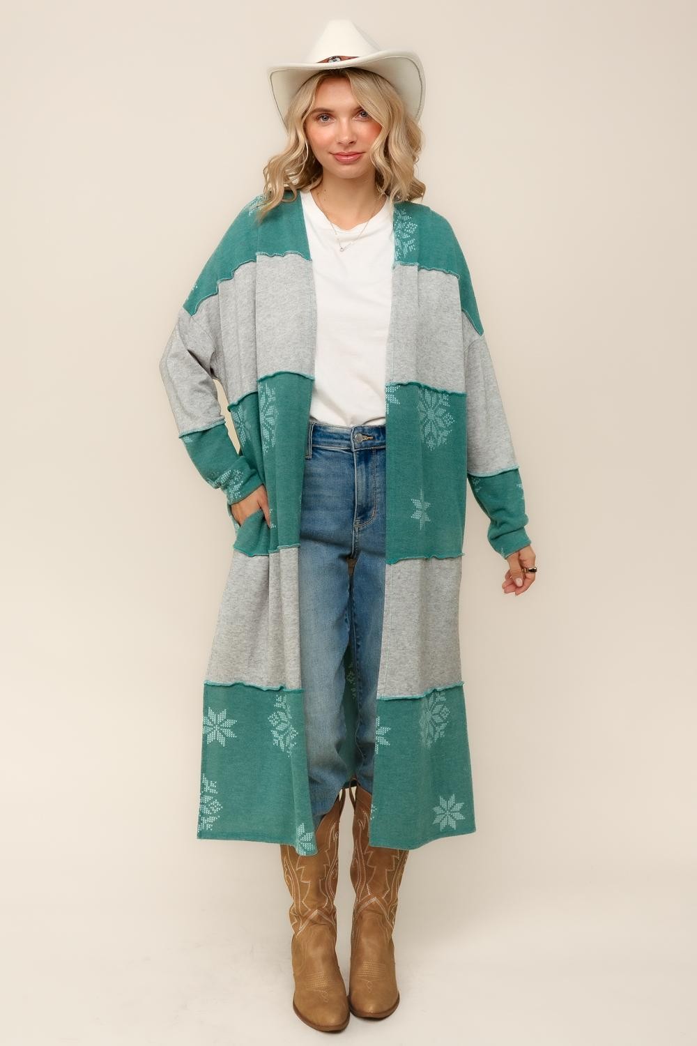 PLUS COLOR BLOCK SNOW FLAKE PRINT DUSTER CARDIGAN