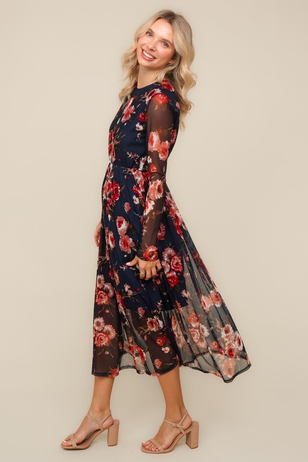 PLUS MIDI SEMI SHEER MESH WITH BACK NECK BUTTON