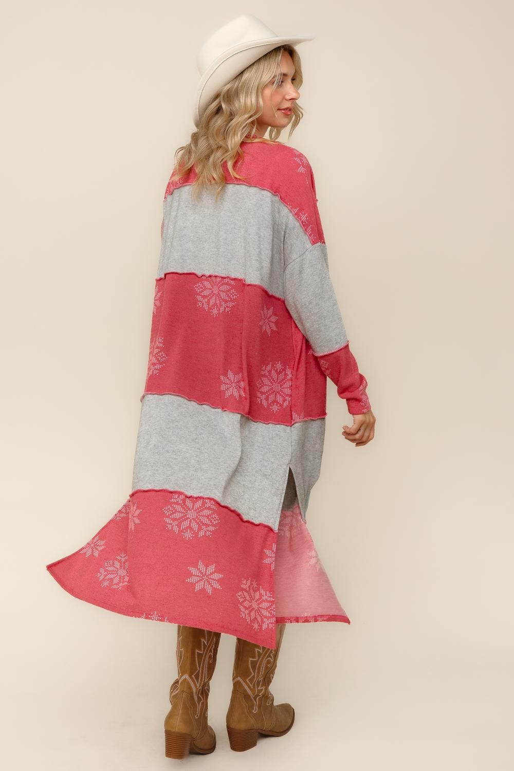 COLOR BLOCK SNOW FLAKE PRINT DUSTER CARDIGAN