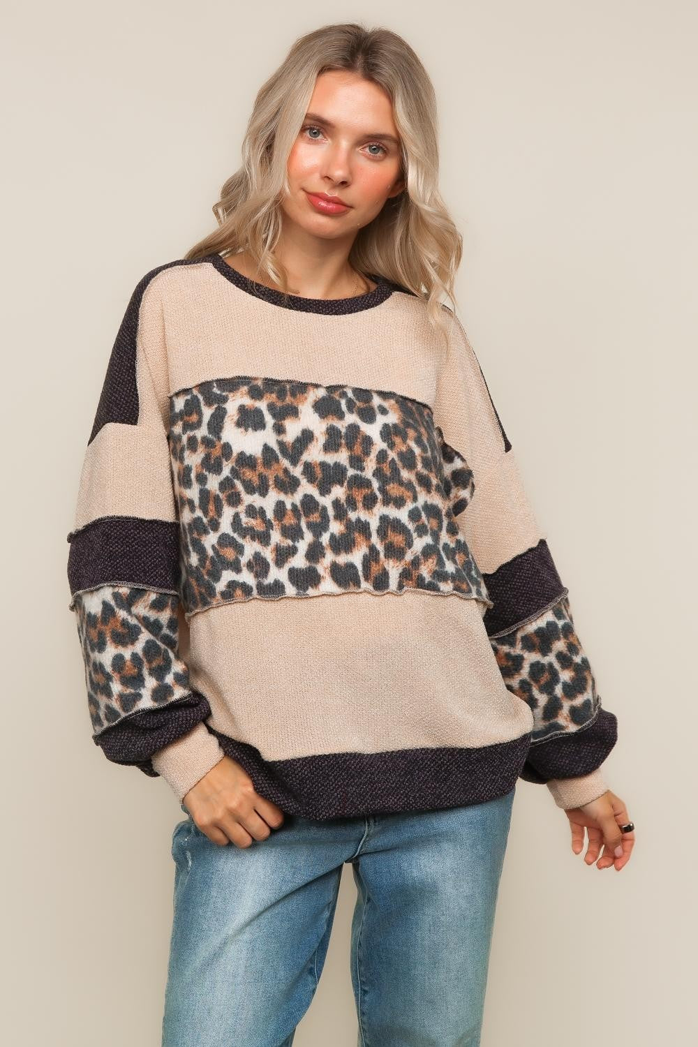 TWO TONE JACQUARD LOOSE FIT PULLOVER KNIT TOP