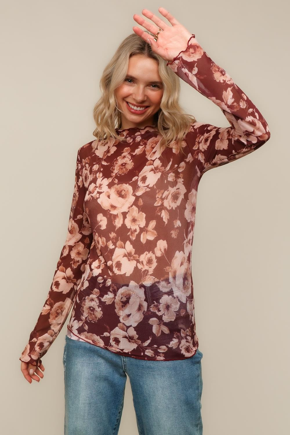PLUS FLORAL MESH TOP W/FRILLED MERROW HEM