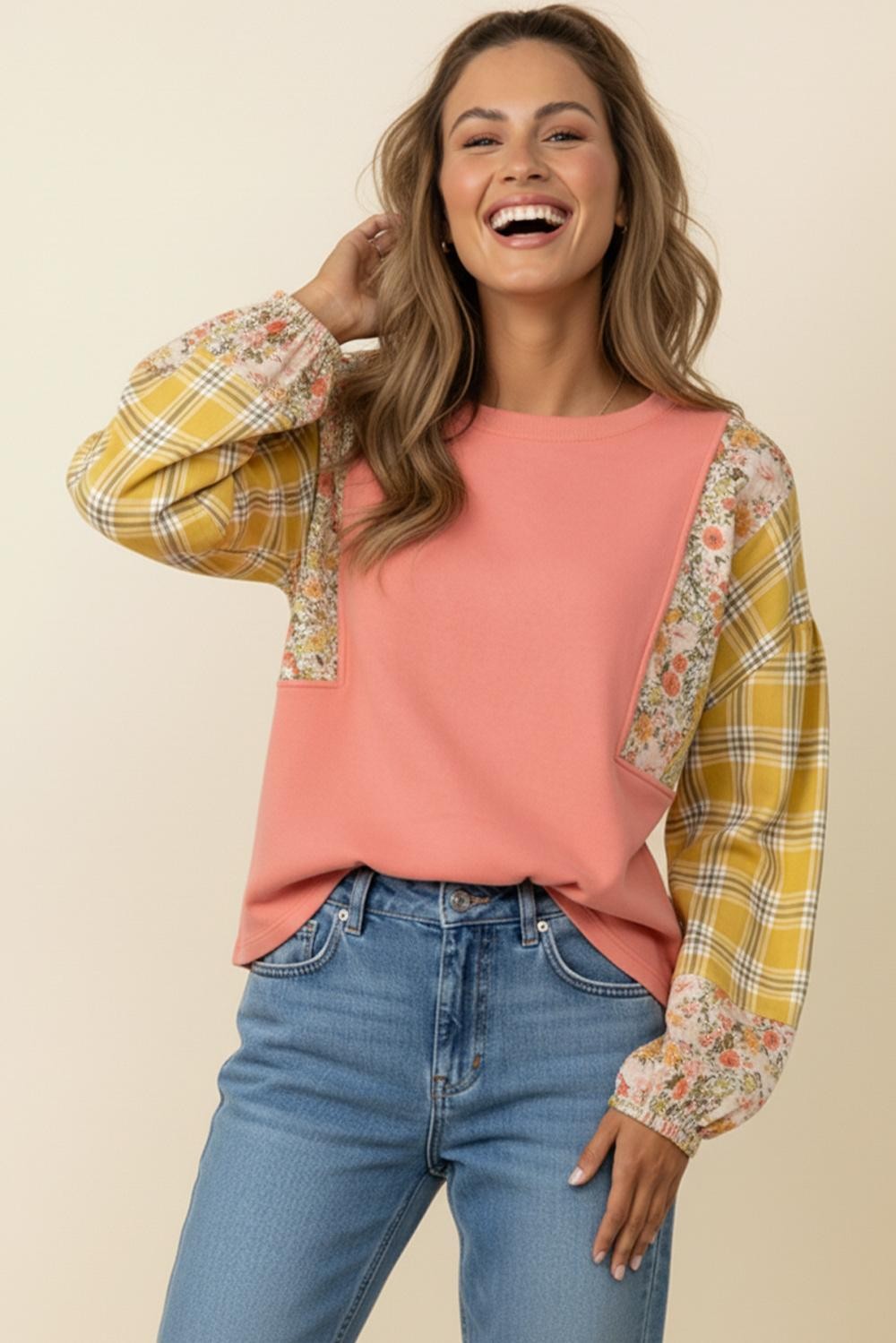 CORAL FLORAL PRINT COLOR BLOCK LONG SLEEVE TOP