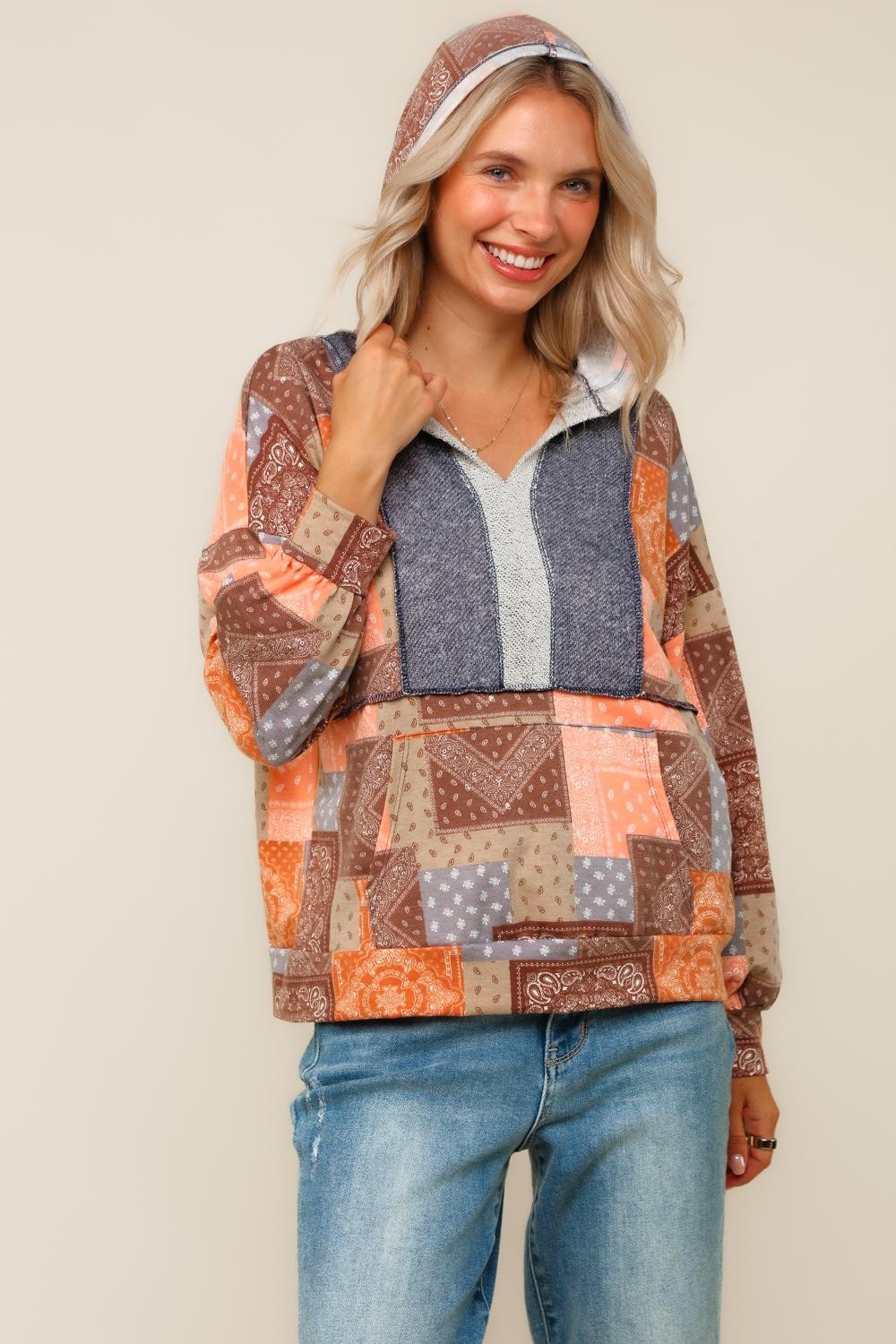 PLUS BOHO PATCHWORK TOP W/ HOODIE