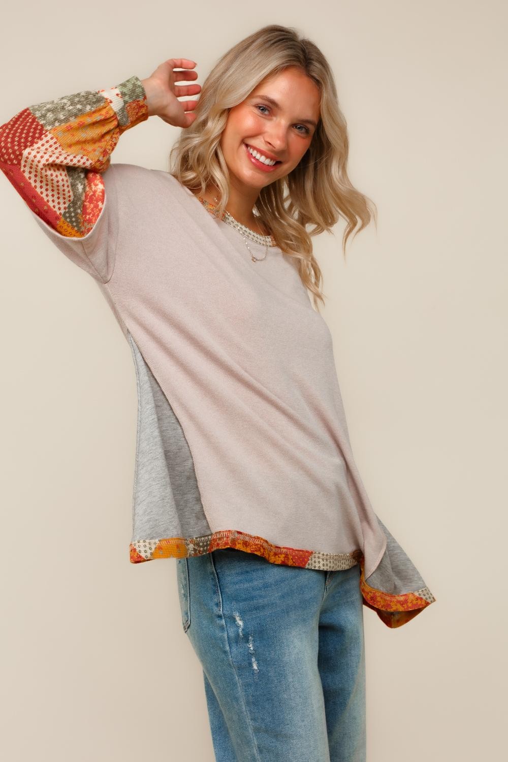 PLUS BOHEMIAN PATCHWORK COLOR BLOCK KNIT TOP