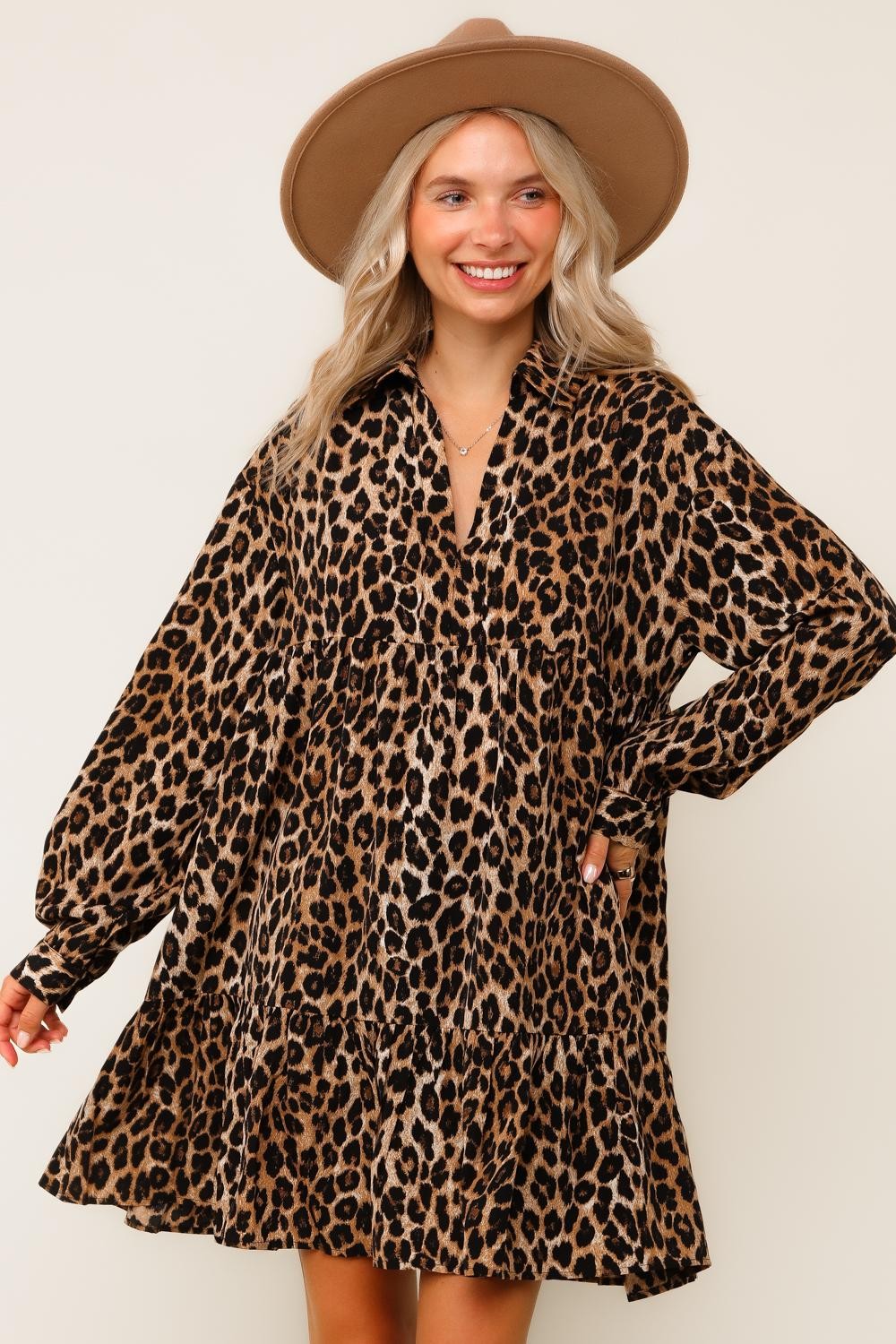 PLUS BABYDOLL LEOPARD PRINT MIDI WOVEN DRESS