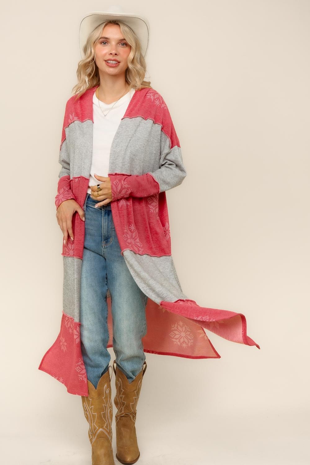 PLUS COLOR BLOCK SNOW FLAKE PRINT DUSTER CARDIGAN