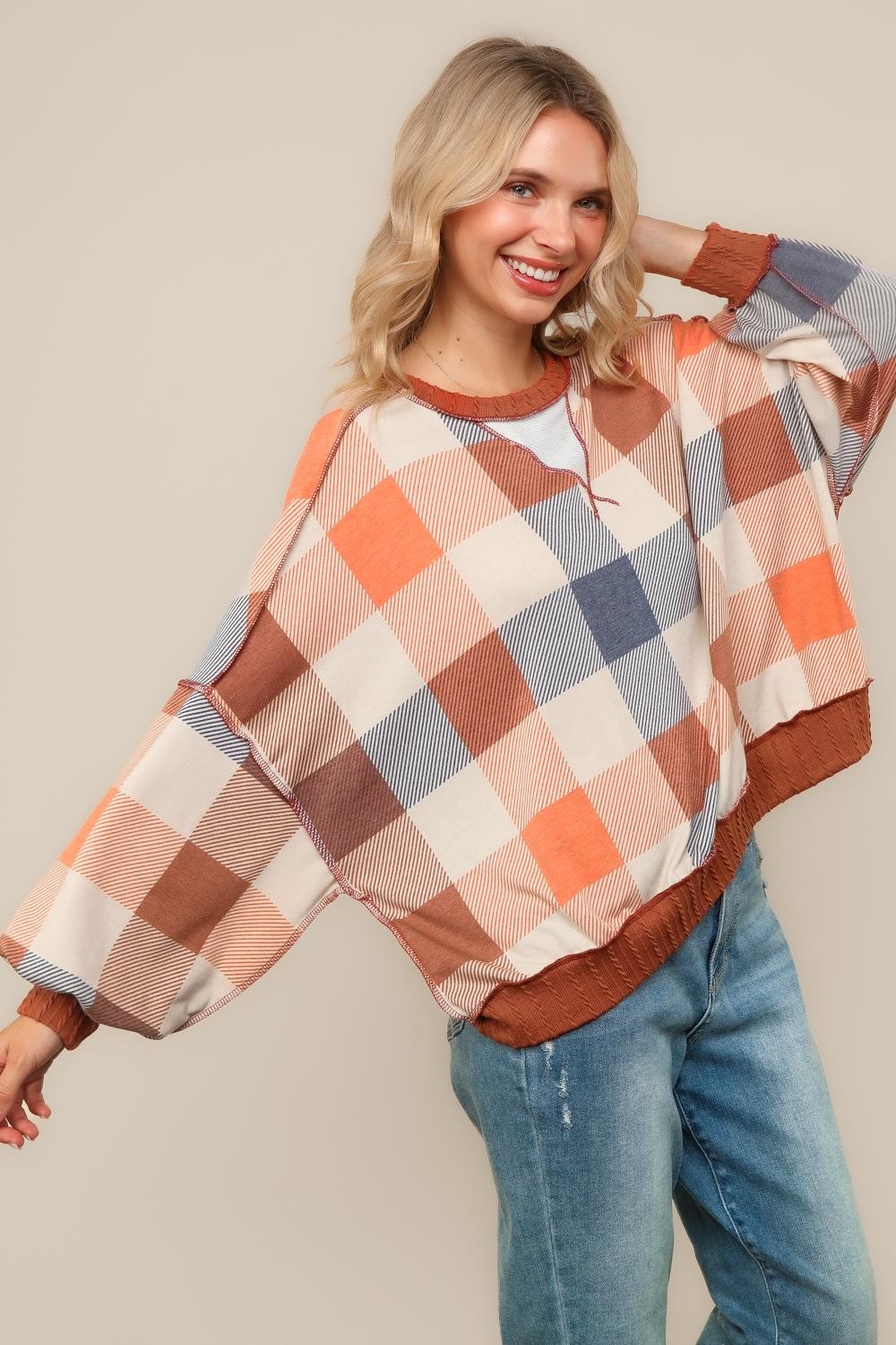 CREW NECK COLOR BLOCK PULLOVER KNIT TOP