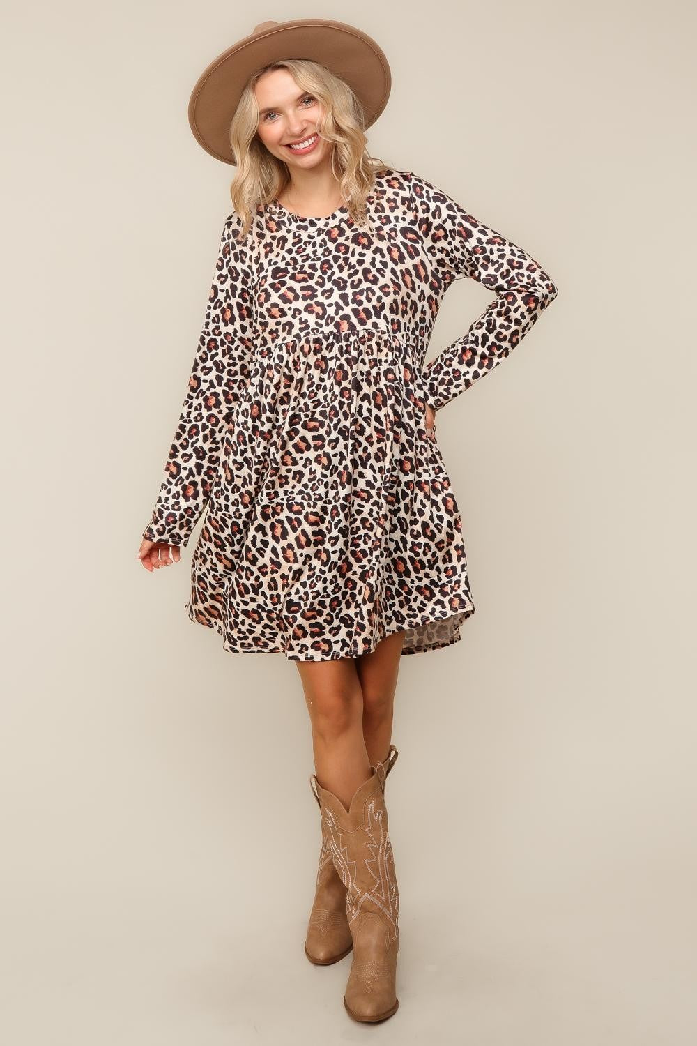 LEOPARD BABYDOLL SWING KNEE LENGTH KNIT DRESS