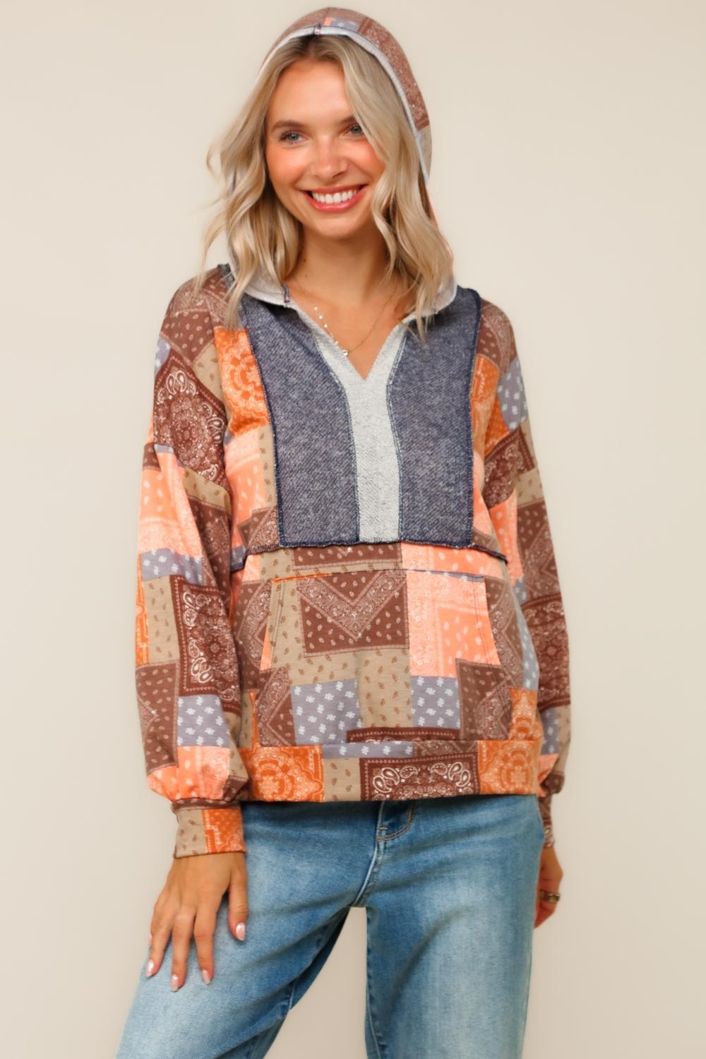 PLUS BOHO PATCHWORK TOP W/ HOODIE
