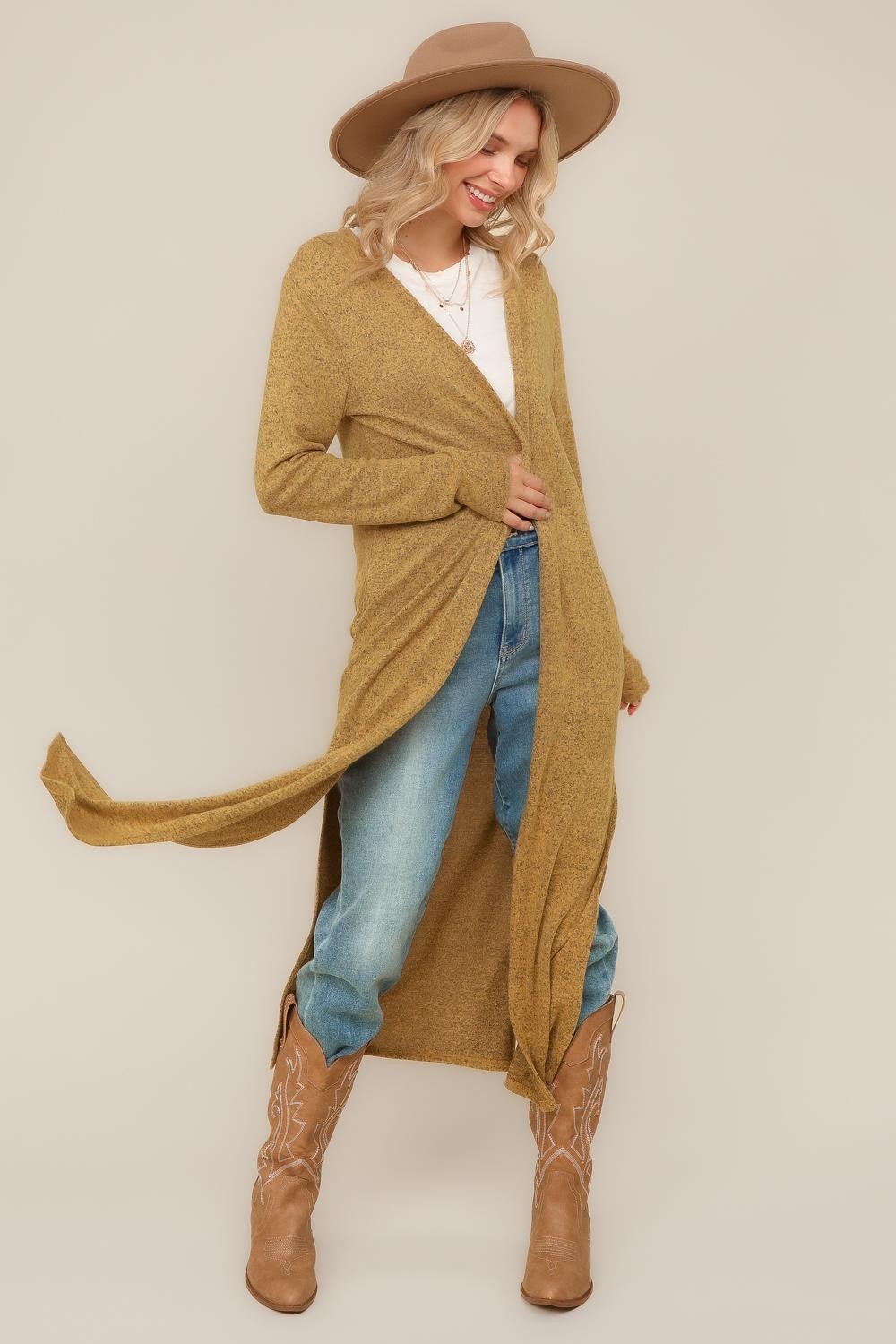 PLUS TWO TONE HACCI OPEN CARDIGAN WITH SIDE SLITS