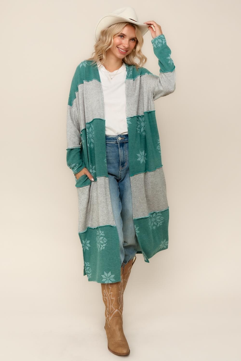COLOR BLOCK SNOW FLAKE PRINT DUSTER CARDIGAN
