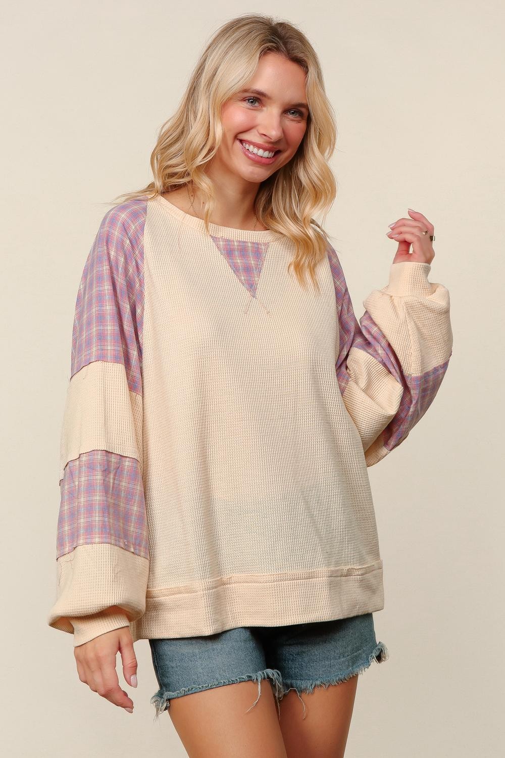 PLUS THERMAL PLAID WOVEN LOOSE FIT PULLOVER TOP