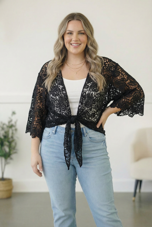 PLUS BLACK CROCHET TIE HEM CARDIGAN