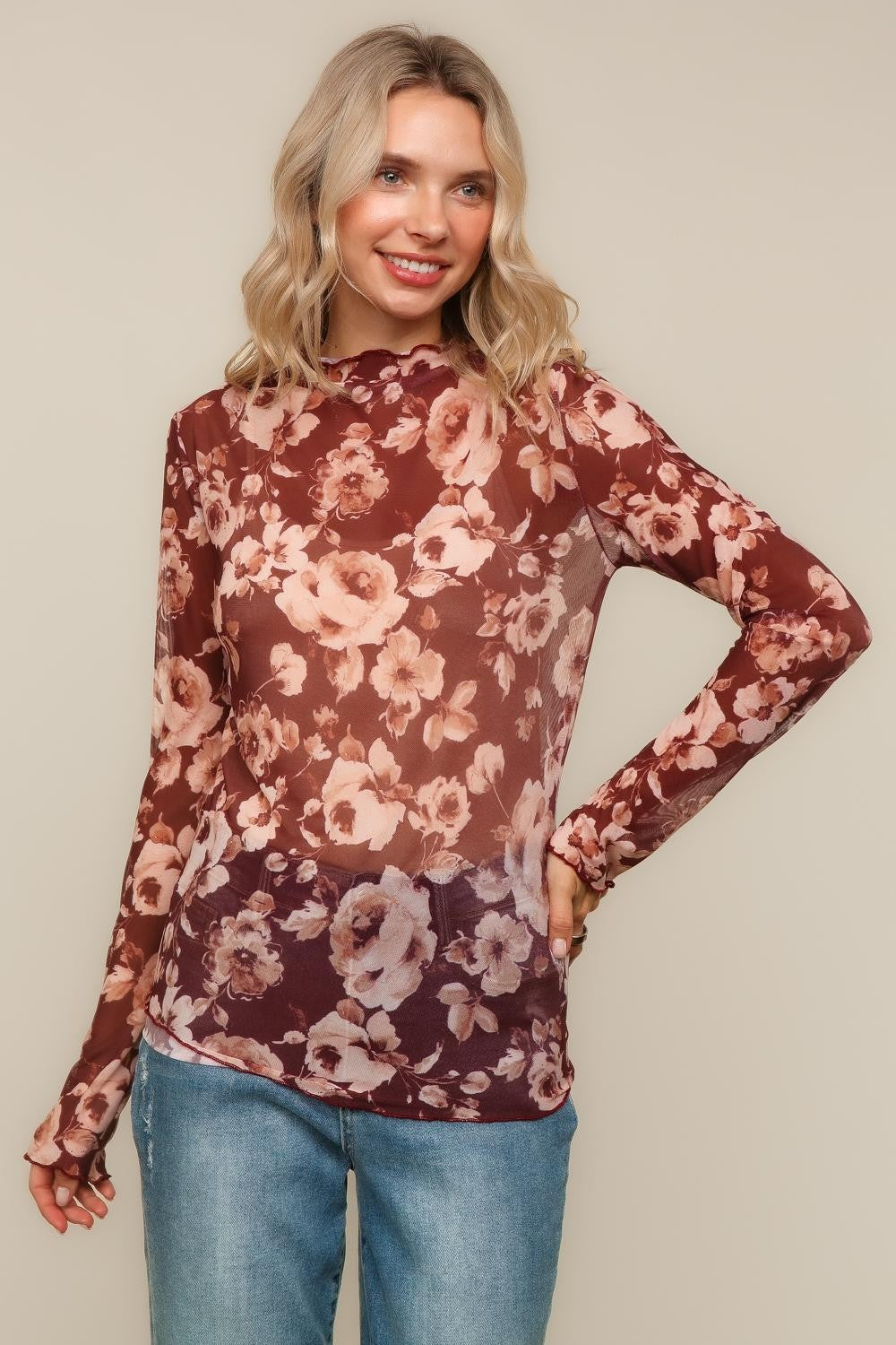 PLUS FLORAL MESH TOP W/FRILLED MERROW HEM