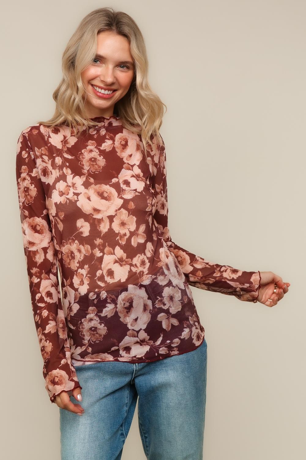 PLUS FLORAL MESH TOP W/FRILLED MERROW HEM