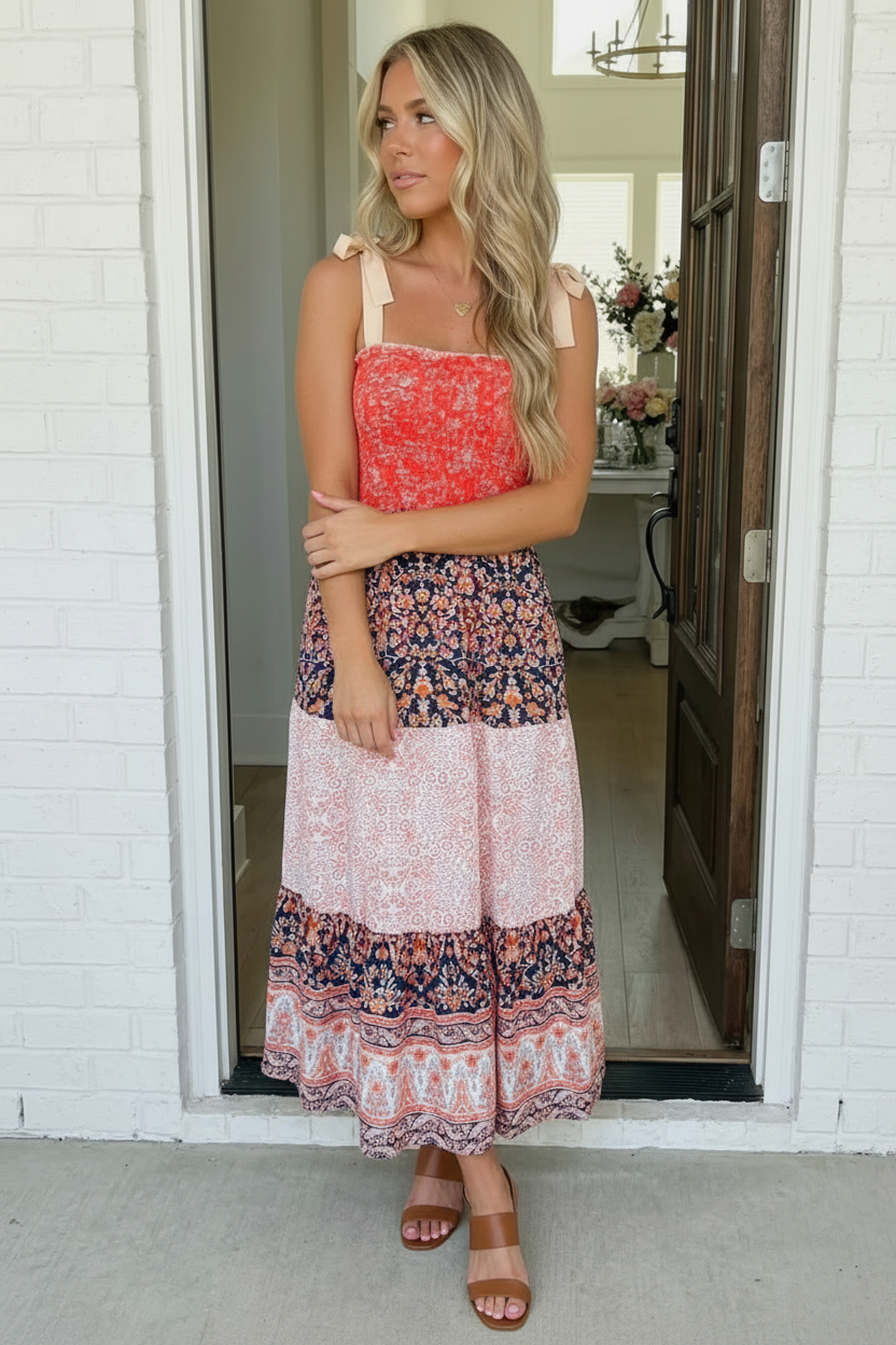 Vacay Vibes Orange Floral Smocked Tube Top Tiered Maxi Dress (Open Pack)