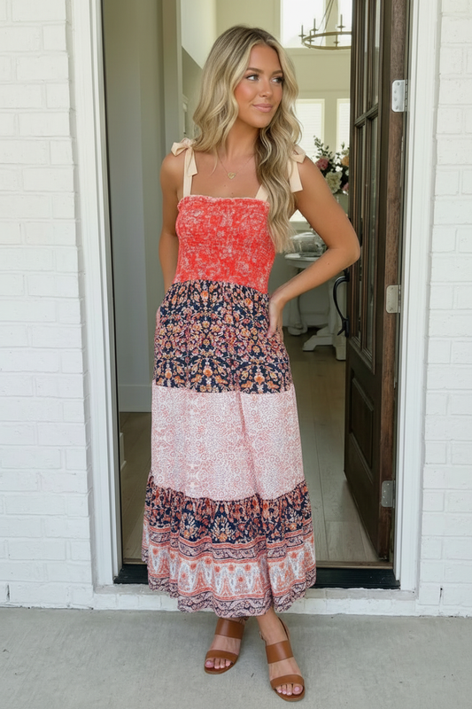 Vacay Vibes Orange Floral Smocked Tube Top Tiered Maxi Dress (Open Pack)