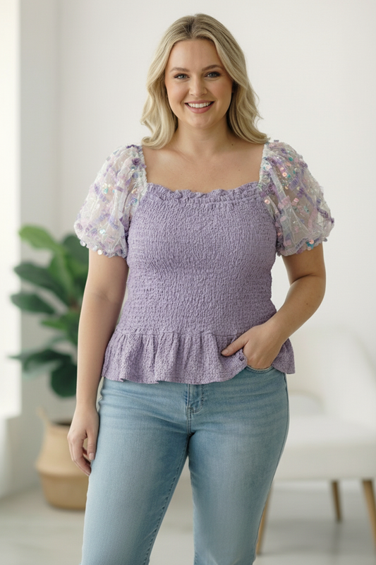 Plus Lilac Smocking Design Sequin Sleeve Top