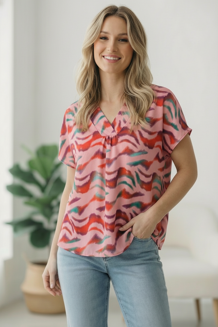 Pink Animal Design Woven Top