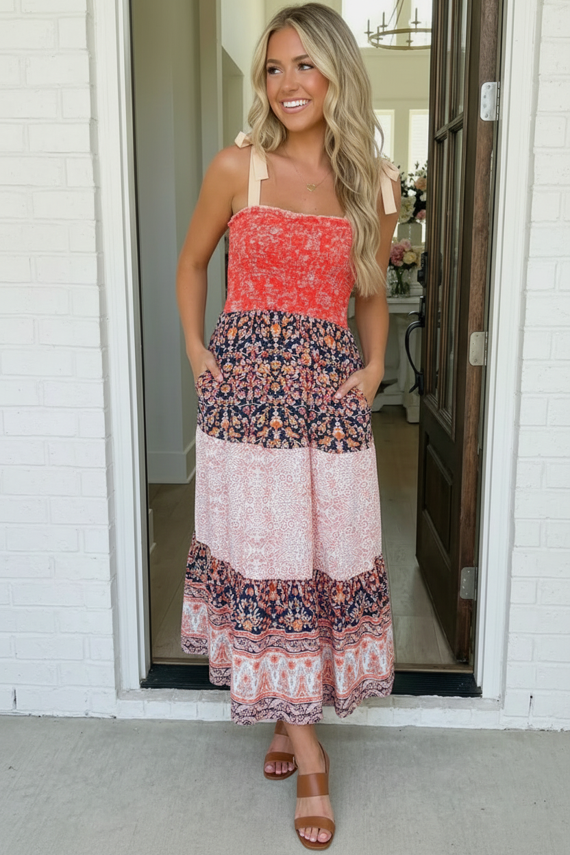 Vacay Vibes Orange Floral Smocked Tube Top Tiered Maxi Dress (Open Pack)