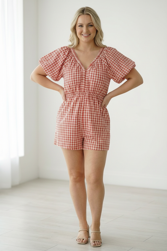 Plus Red Gingham Cotton Romper