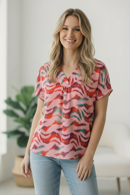 Pink Animal Design Woven Top