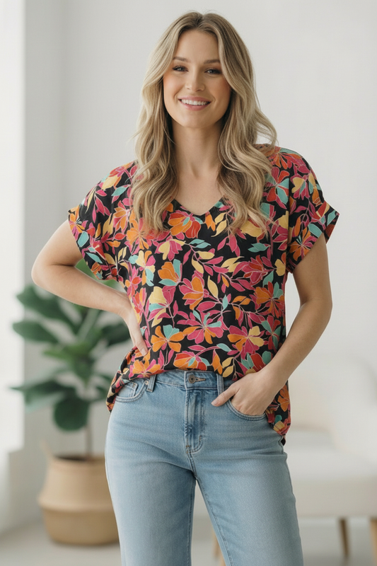 Black Floral Multi Woven Top