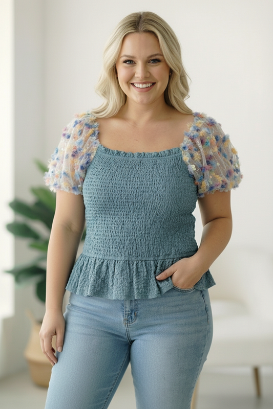 Plus Blue Smocking Design Sequin Sleeve Top