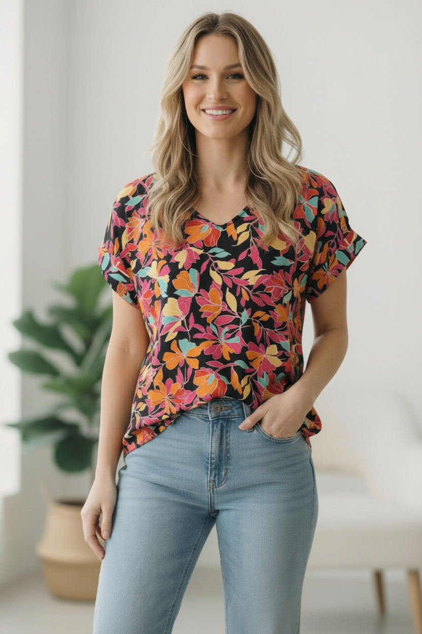 Black Floral Multi Woven Top