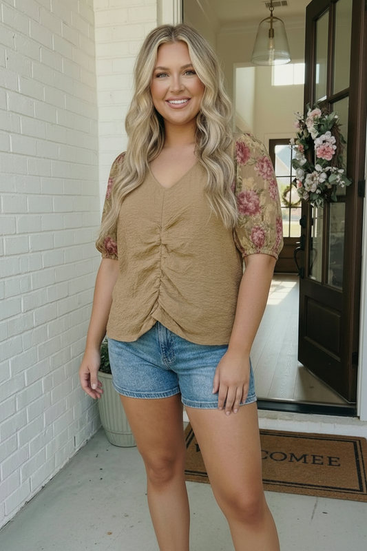 Plus Taupe Floral Sleeve Top
