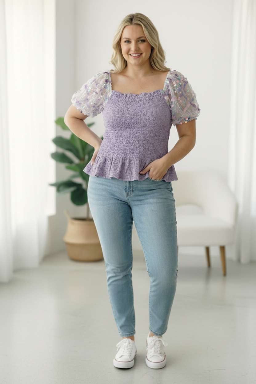 Plus Lilac Smocking Design Sequin Sleeve Top