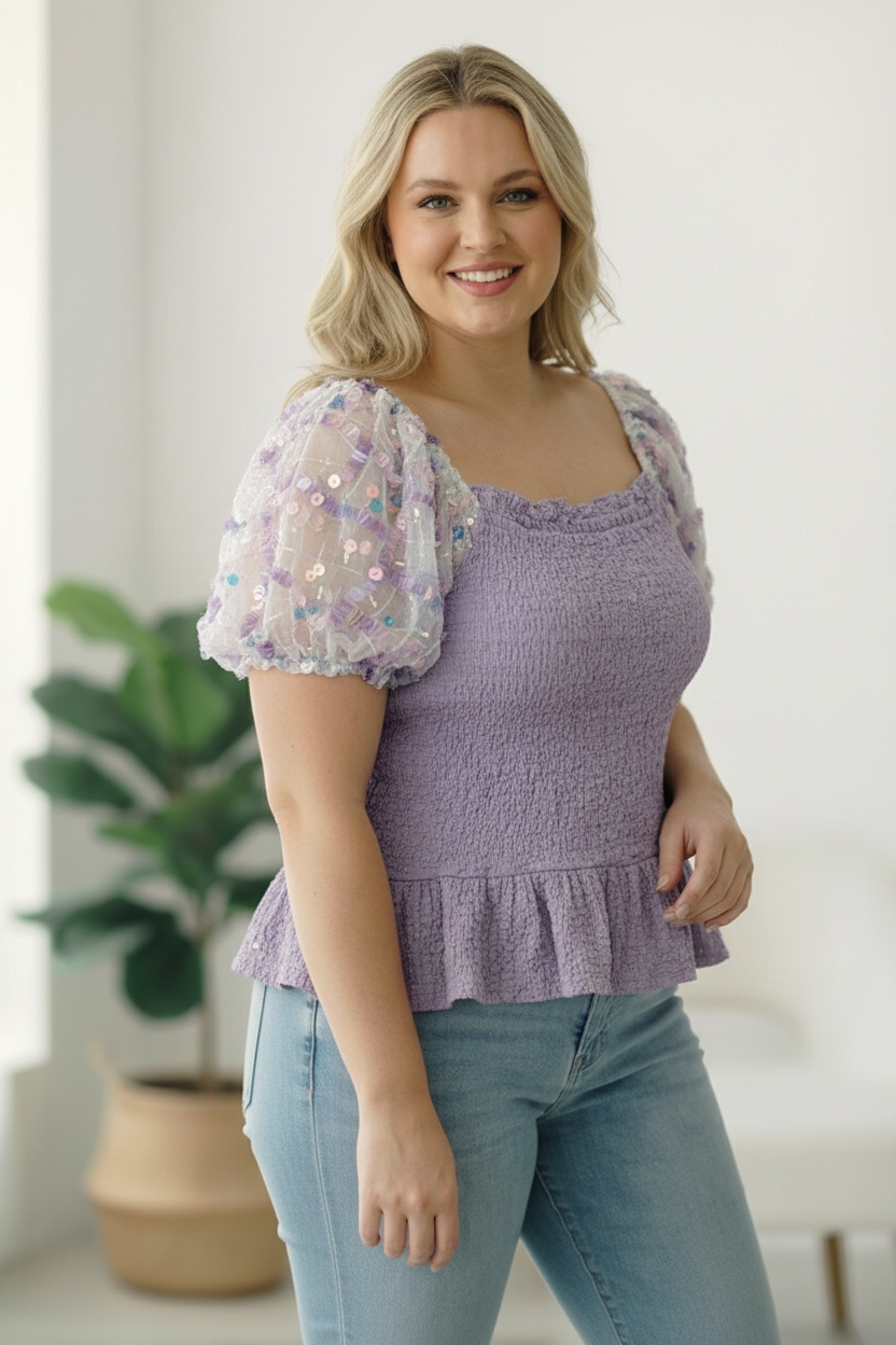 Plus Lilac Smocking Design Sequin Sleeve Top