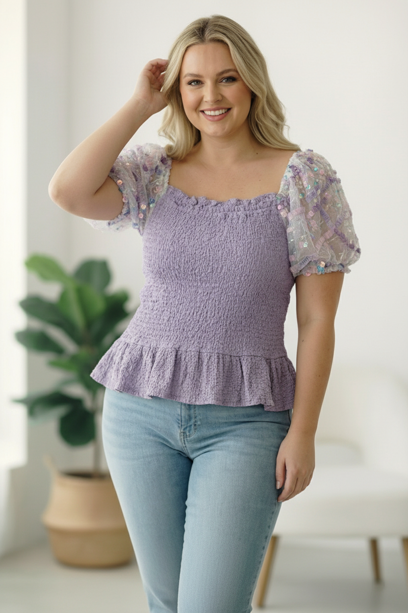 Plus Lilac Smocking Design Sequin Sleeve Top