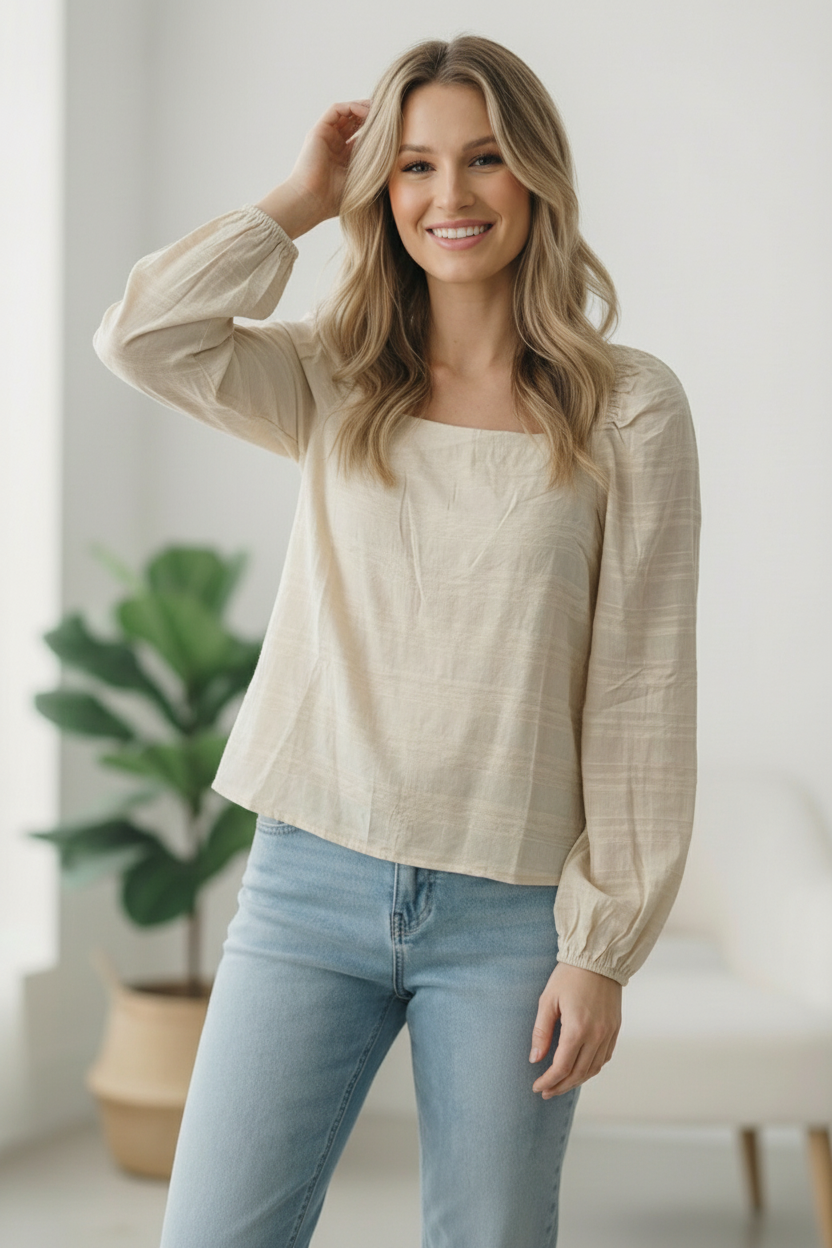 Beige Woven Stripe Design Open Back Top